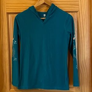 Tea Collection Unisex Size 16 Teal Hooded Shirt Dragons on side of Long Sleeves